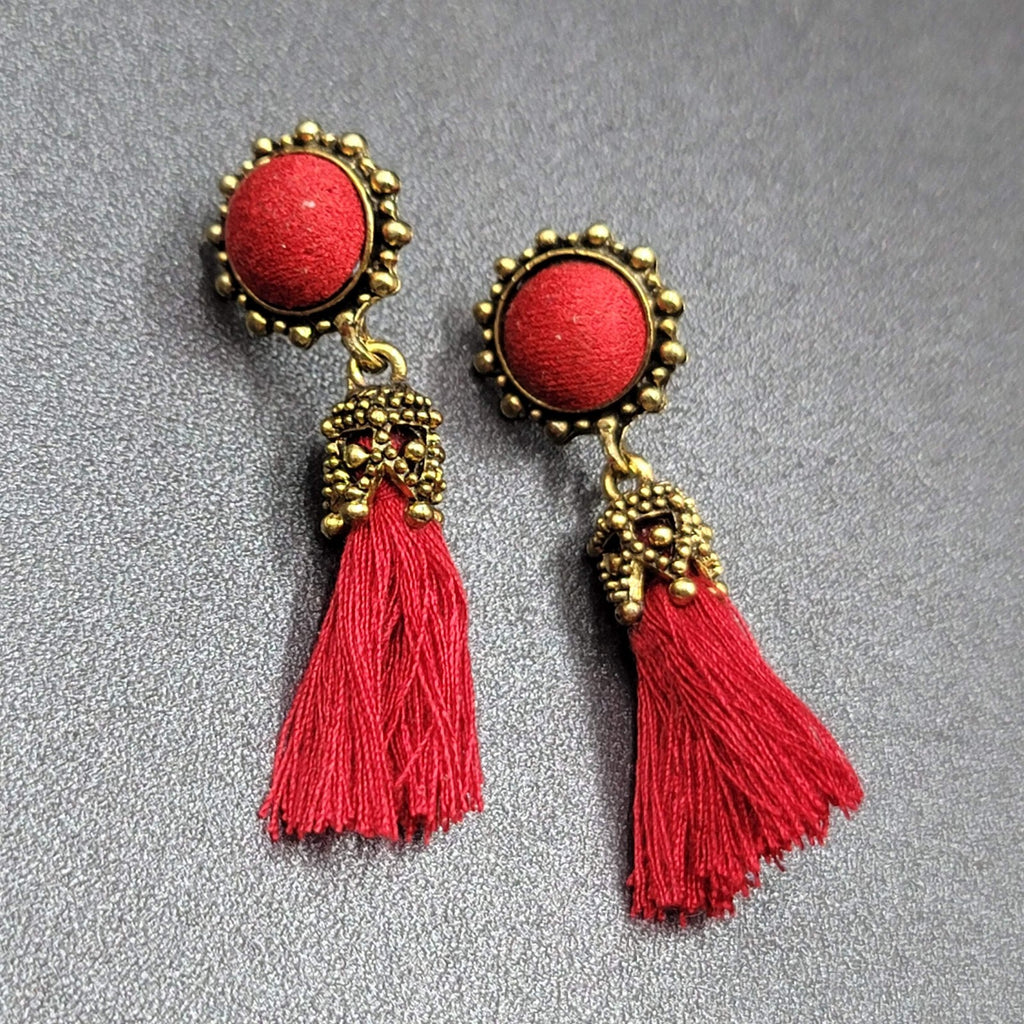 Boho Pierced Earrings Antiqued Gold tone Red String Tassel 2"