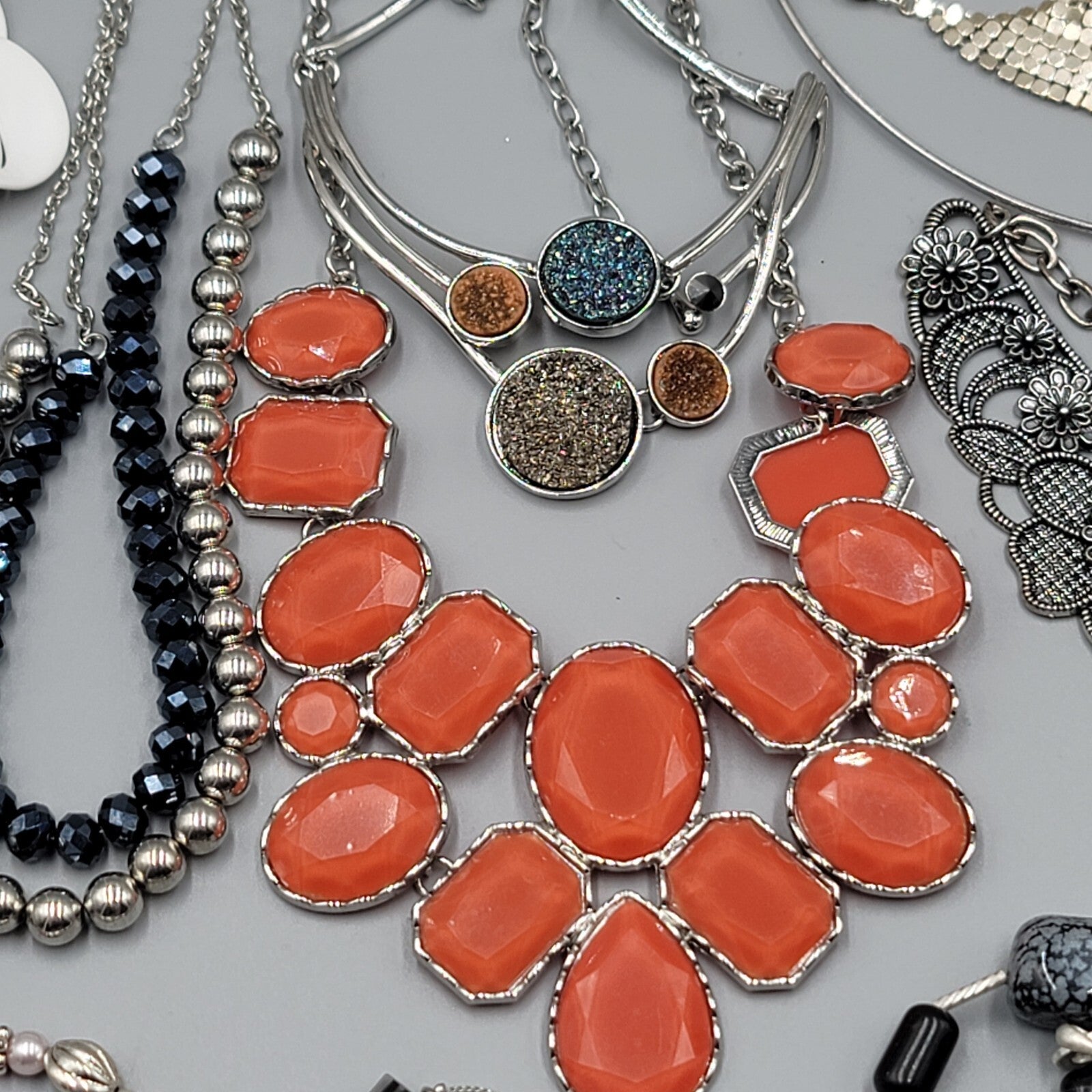 Silver tone Fashion Jewelry Lot of 39 Necklace Bracelets Earrings All Wearable
