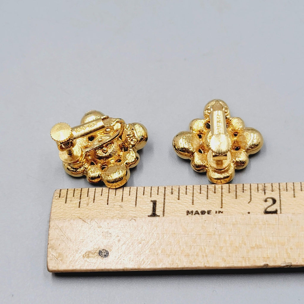 Vintage NAPIER Black Enamel Clip on Earrings Gold Plated Square 3/4 in