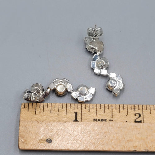 Blue Rhinestone Dangle Pierced Earrings Silver tone 1 1/8"