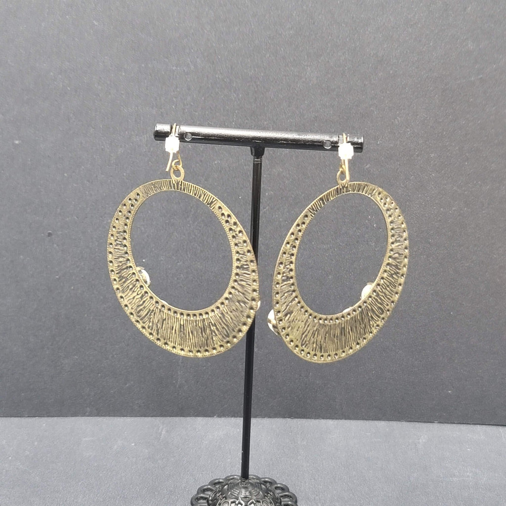 Pierced Earrings Bronze tone Large Hoops Faux Pearl Accents Statement Drop 2.25"