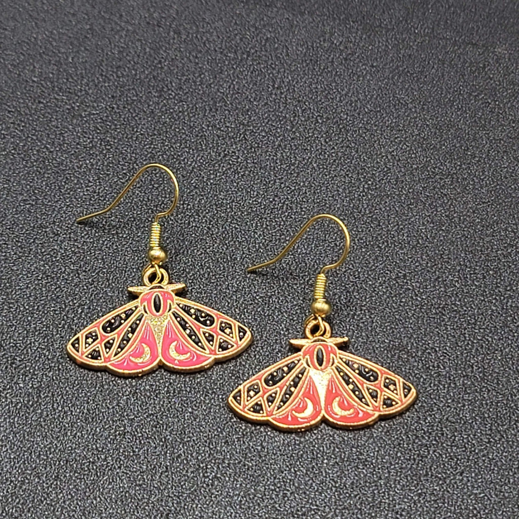 Moth Pierced Earrings Gold tone Pink Black Moons Enamel Dangle 5/8"