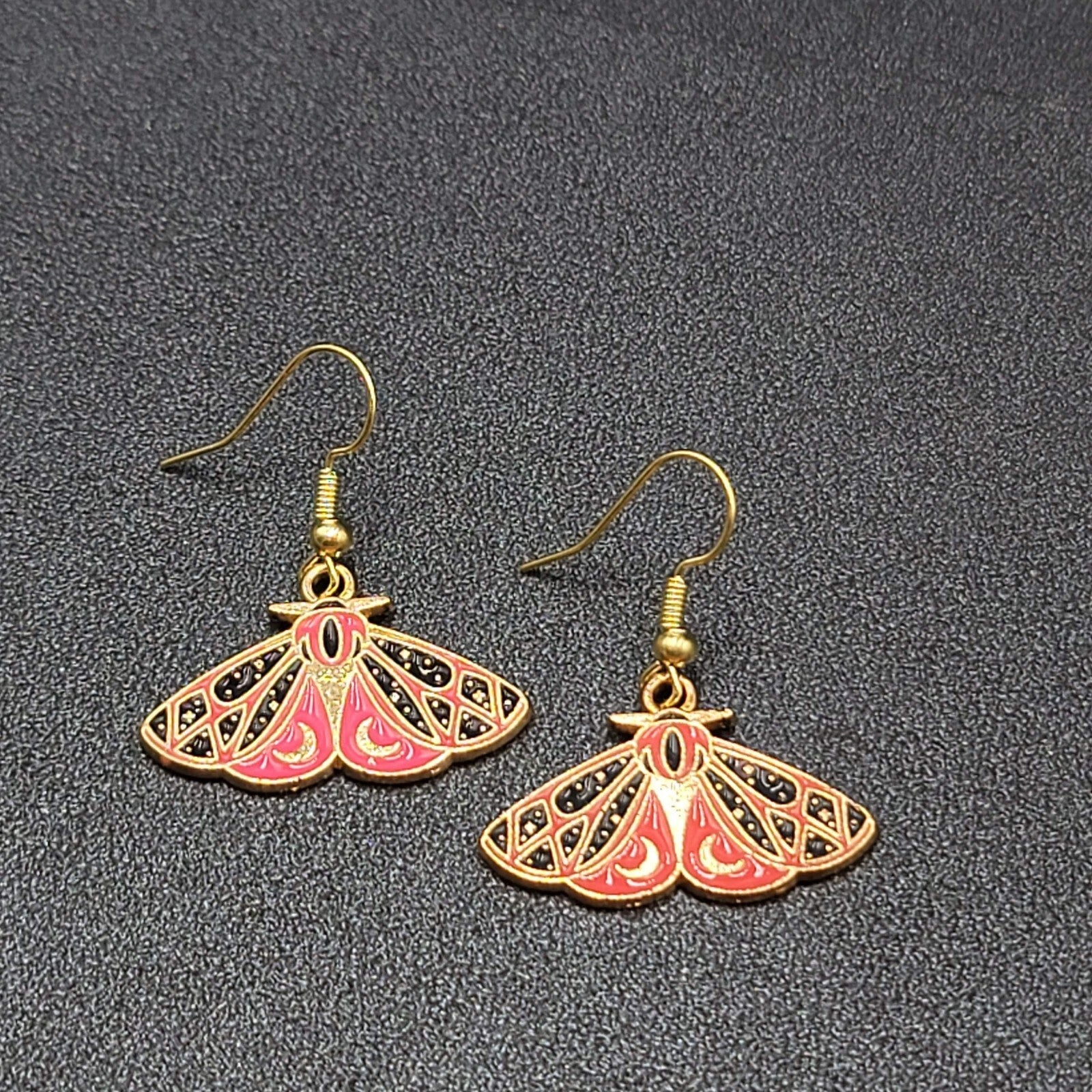 Moth Pierced Earrings Gold tone Pink Black Moons Enamel Dangle 5/8"