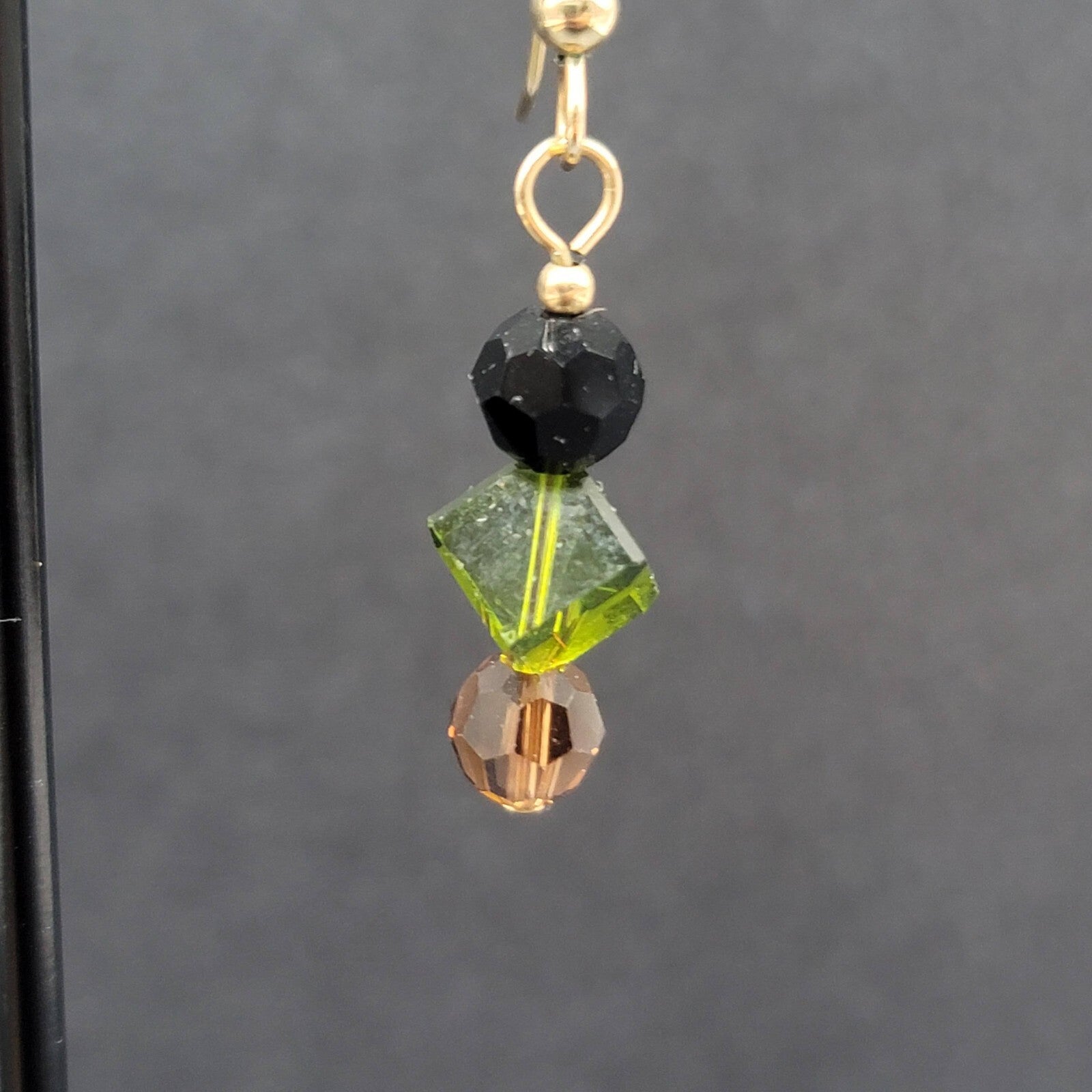 Pierced Earrings Gold tone Black Green Brown Crystal Bead Dangle 1"
