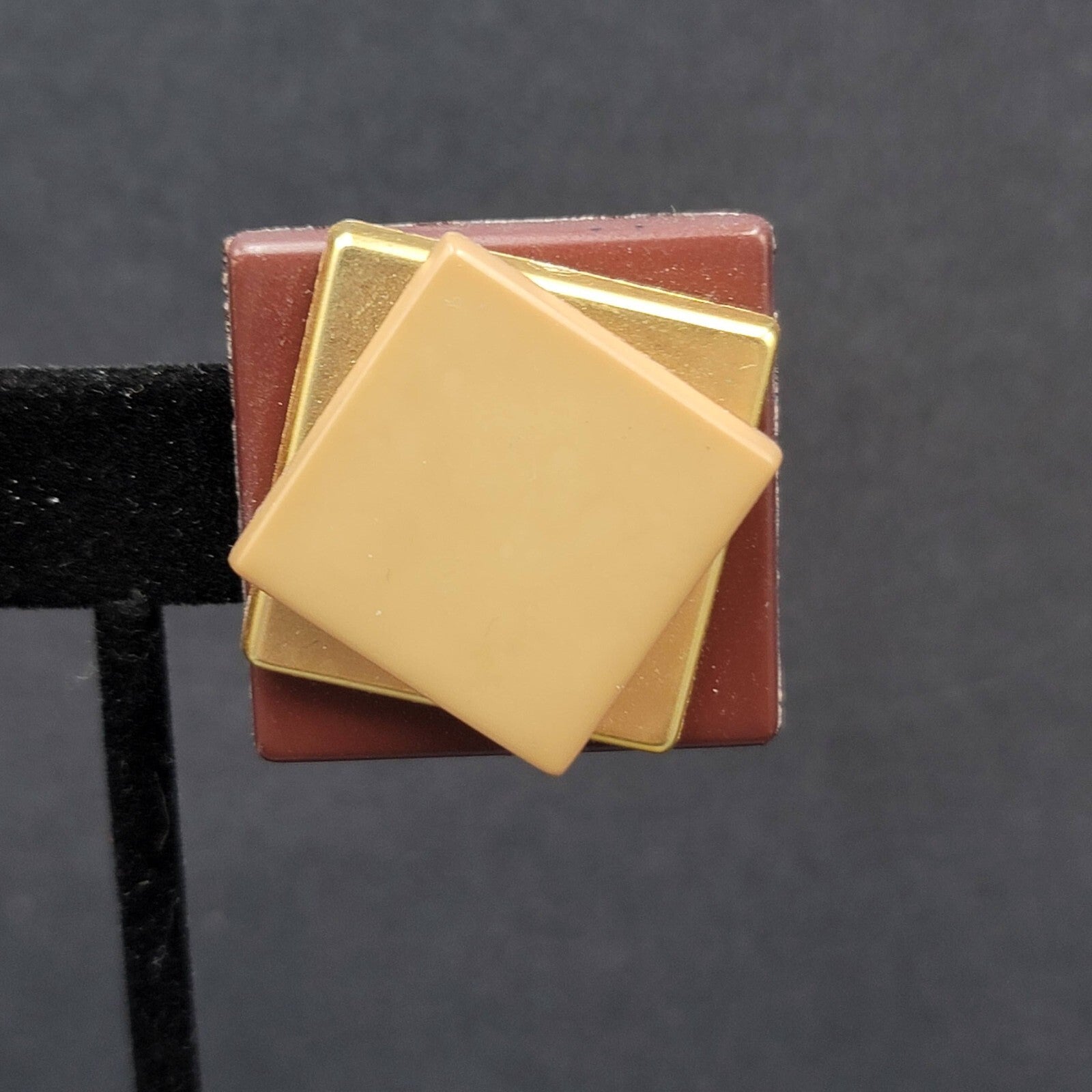Vintage Clip on Earrings Plastic Layered Squares Brown Tan 1.25"