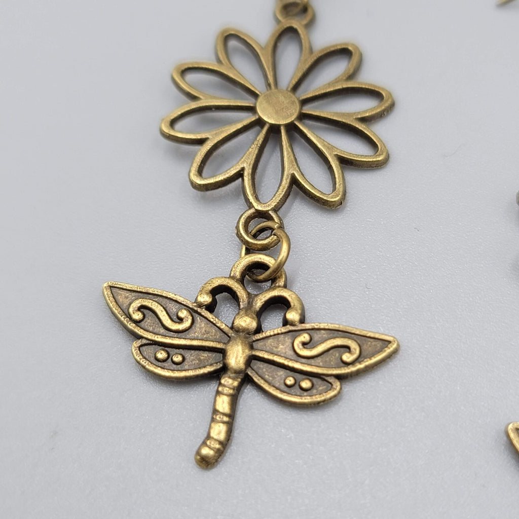 Dragonfly Flower Pierced Earrings Bronze tone Dangle NEW 1 5/8"