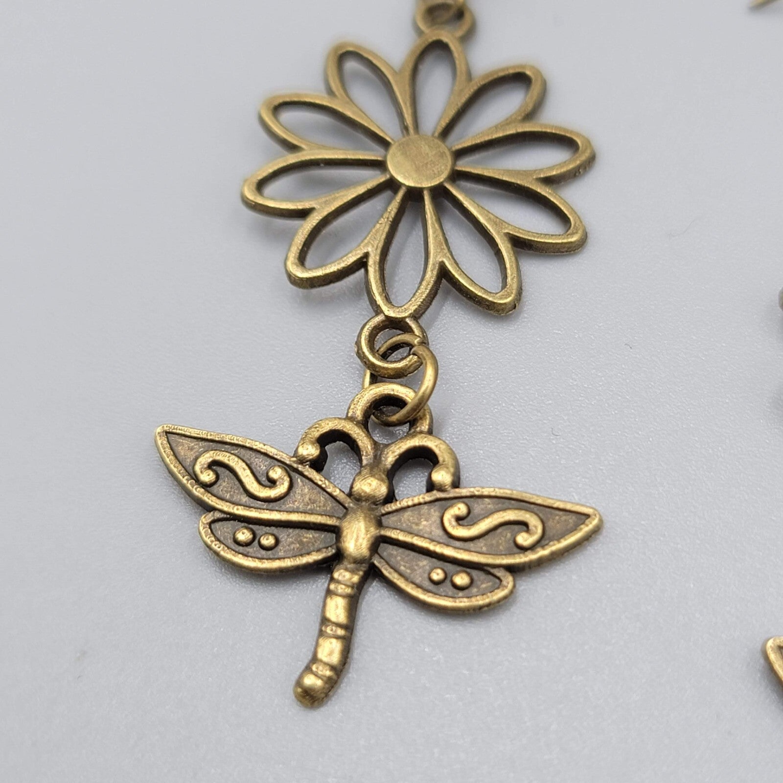 Dragonfly Flower Pierced Earrings Bronze tone Dangle NEW 1 5/8"