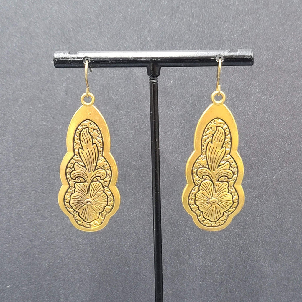 Pierced Earrings Gold Plated Black Embossed Flowers Dangle 1.75"