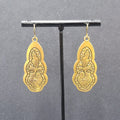 Pierced Earrings Gold Plated Black Embossed Flowers Dangle 1.75"