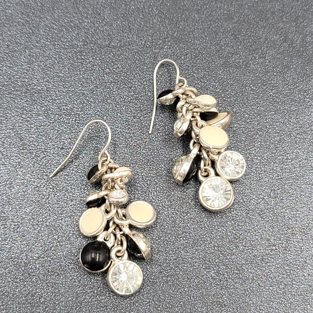 Pierced Earrings Silver tone Enamel Crystal Rhinestone Cluster Bead 1.5"