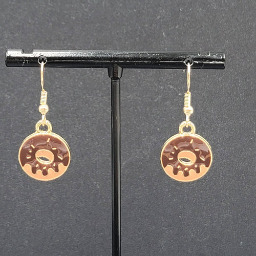 Chocolate Donut Pierced Earrings Gold tone Dangle New 3/4"