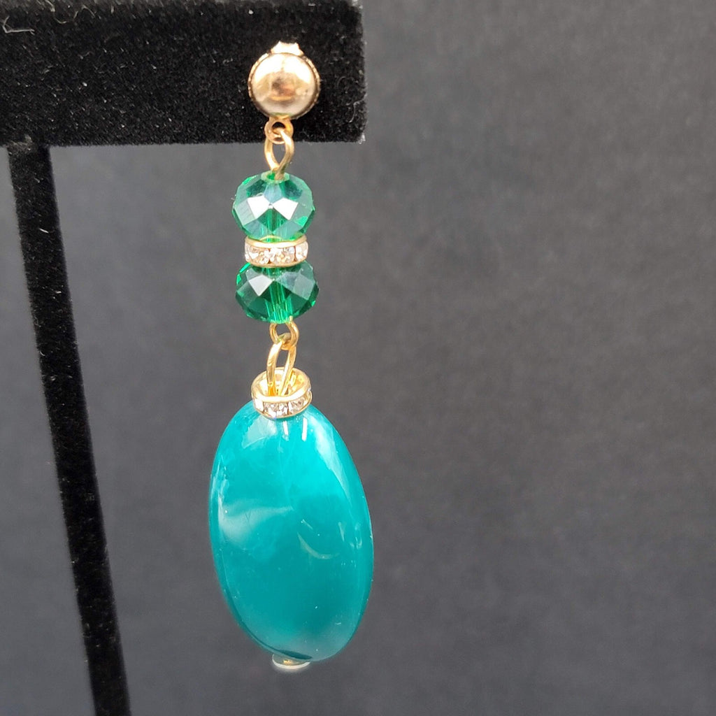 Vintage Pierced Earrings Green Acrylic Bead Dangle Rhinestones 2.5"
