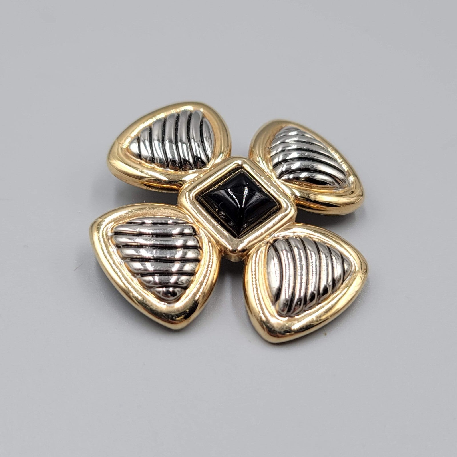 Vintage Brooch Gold and Silver tone Cross Black Center 1.75"