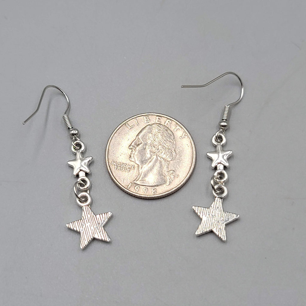 Stars Pierced Earrings Silver tone Embossed Dangle New 1 1/8"