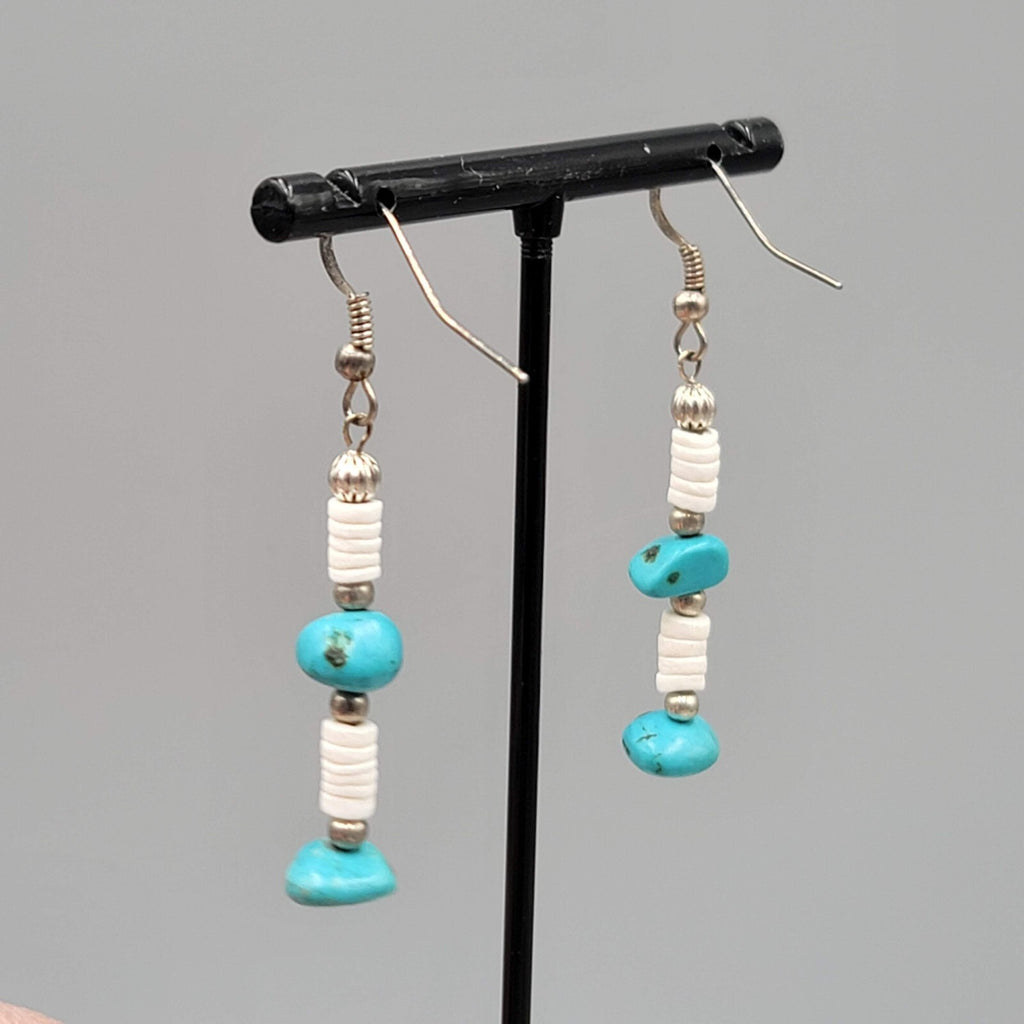 Sterling Silver Pierced Earrings Turquoise Nugget Bead Shell Heishi  1.5" 925