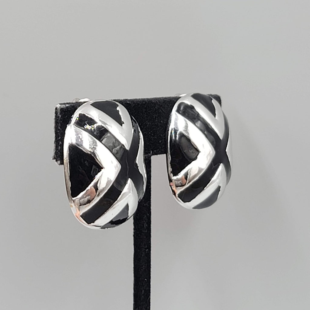 Vintage Large Statement Clip on Earrings Silver Plated Black Enamel Drop 1 1/8"
