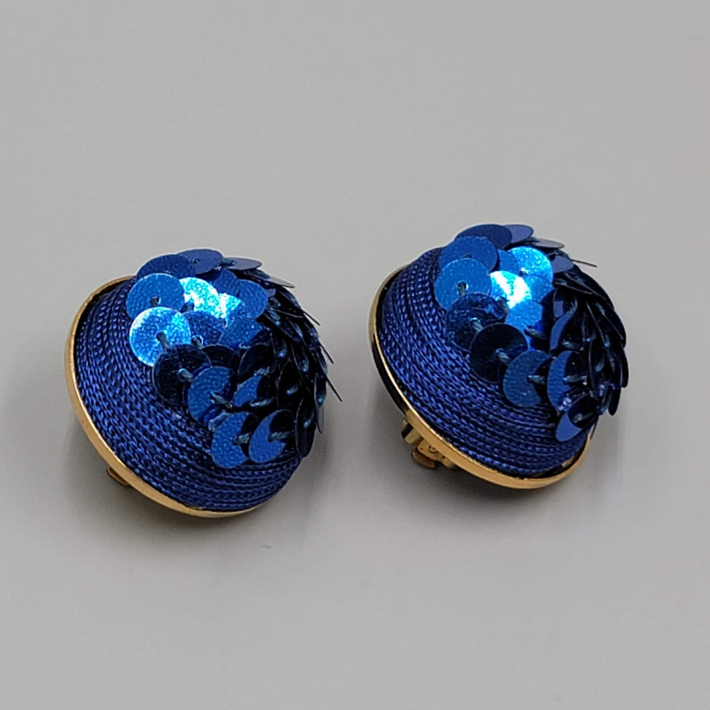 Vintage Blue Sequin Dome Clip on Earrings Gold tone 1 1/8"
