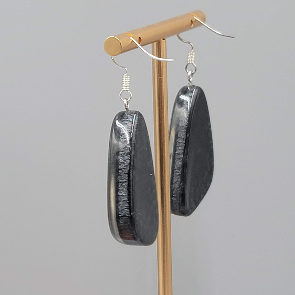 Black Swirl Resin Statement Dangle Pierced Earrings Silver tone 1.5"