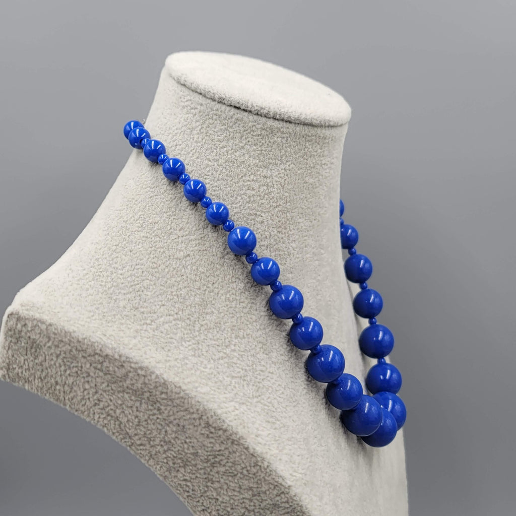 Graduated Navy Blue Bead Necklace Silver tone 18"-20"