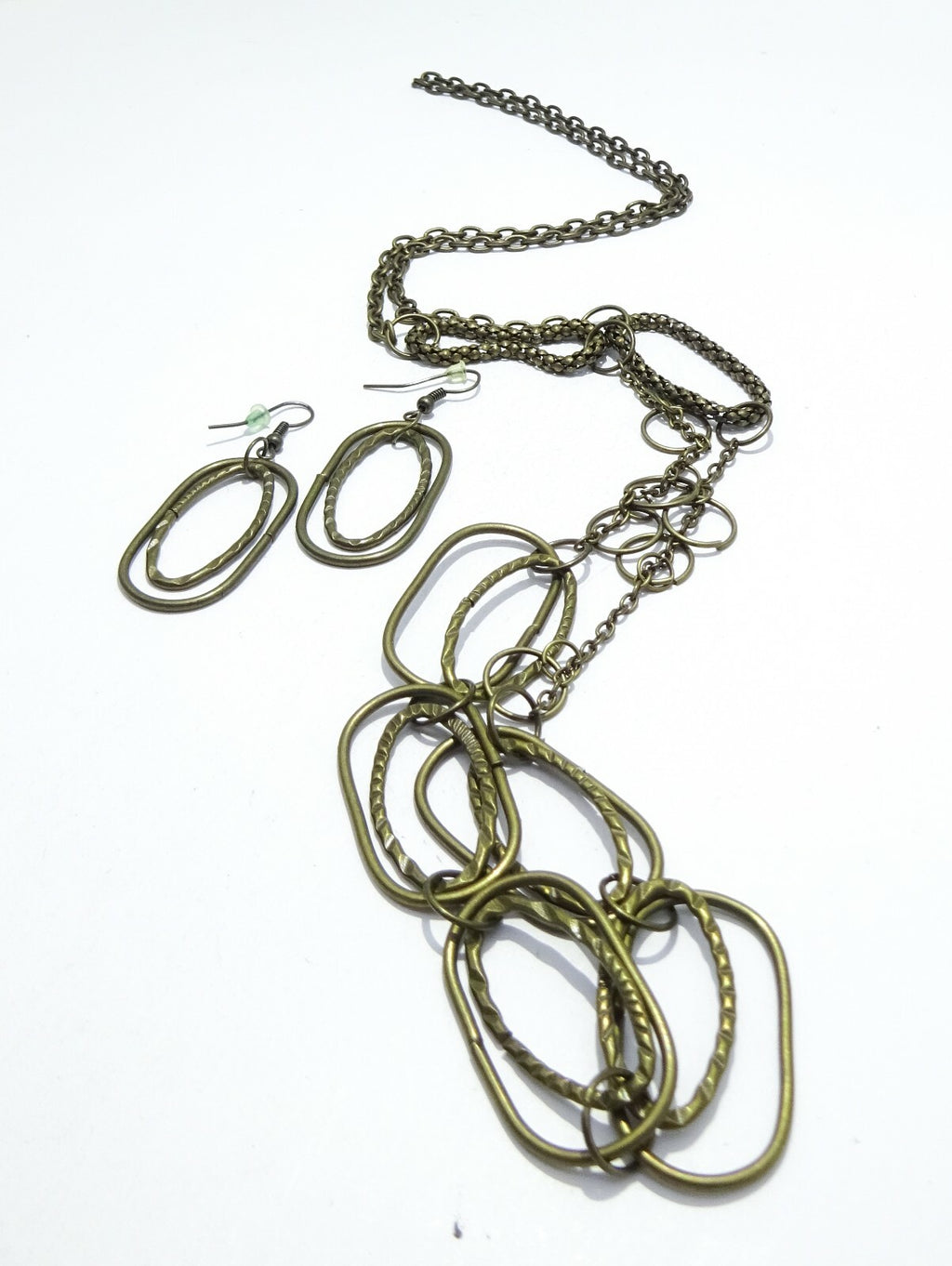 Bronze tone Modern Link Chain Necklace Set with Pierced Earrings 32"