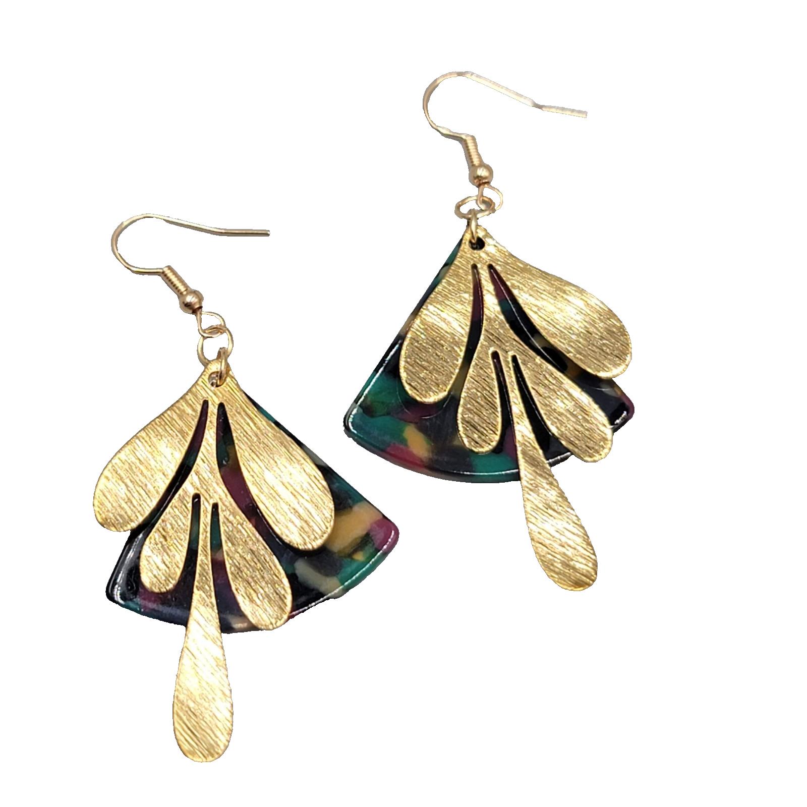 Pierced Earrings Gold tone Dangle Multicolor Acrylic 1.75"