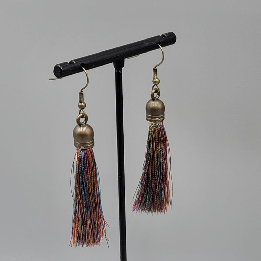 Tassel Pierced Earrings Bronze tone Multicolor Dangle 2"