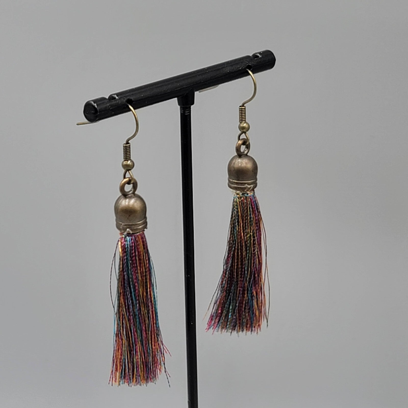 Tassel Pierced Earrings Bronze tone Multicolor Dangle 2"