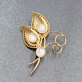 Vintage Brooch Gold tone Translucent Oval Estate Flower  2.5"