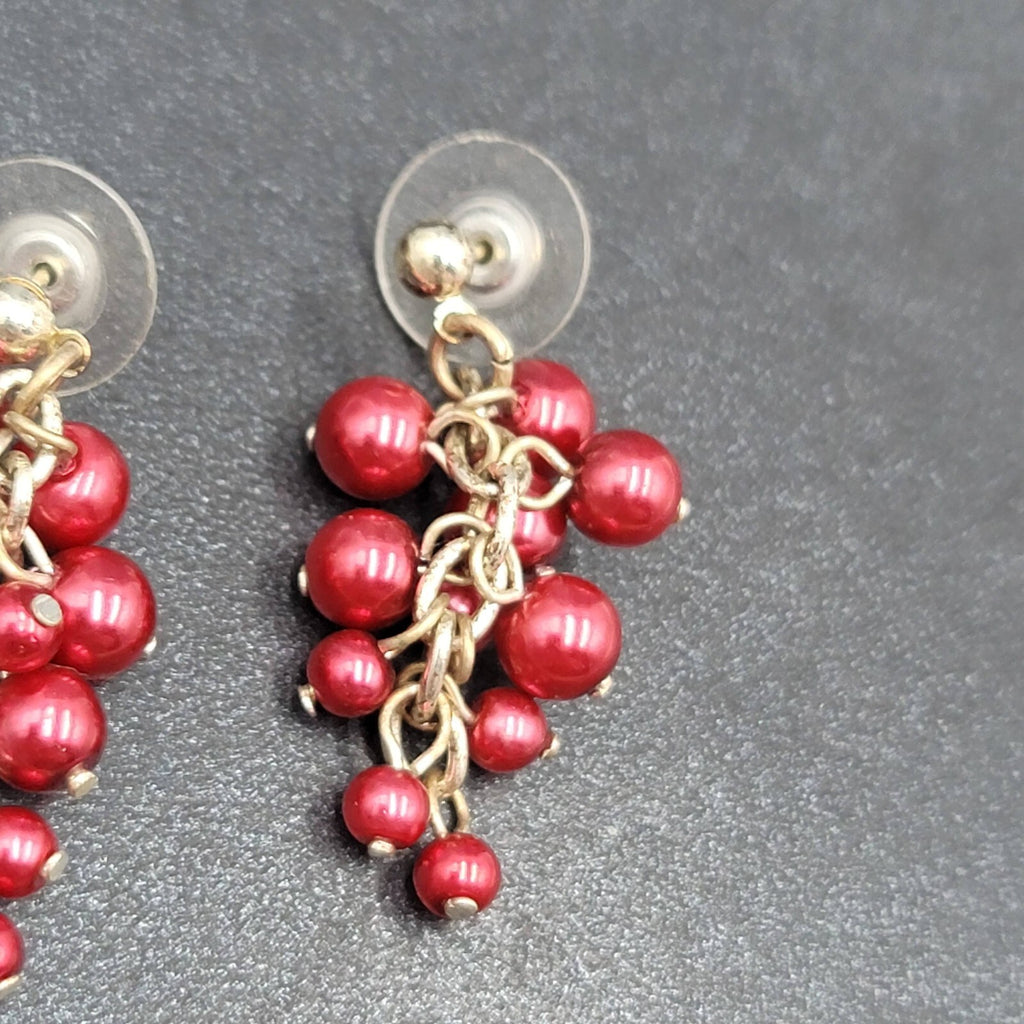 Pierced Earrings Silver tone Cluster Shiny Red Beads Dangle  1 3/8"