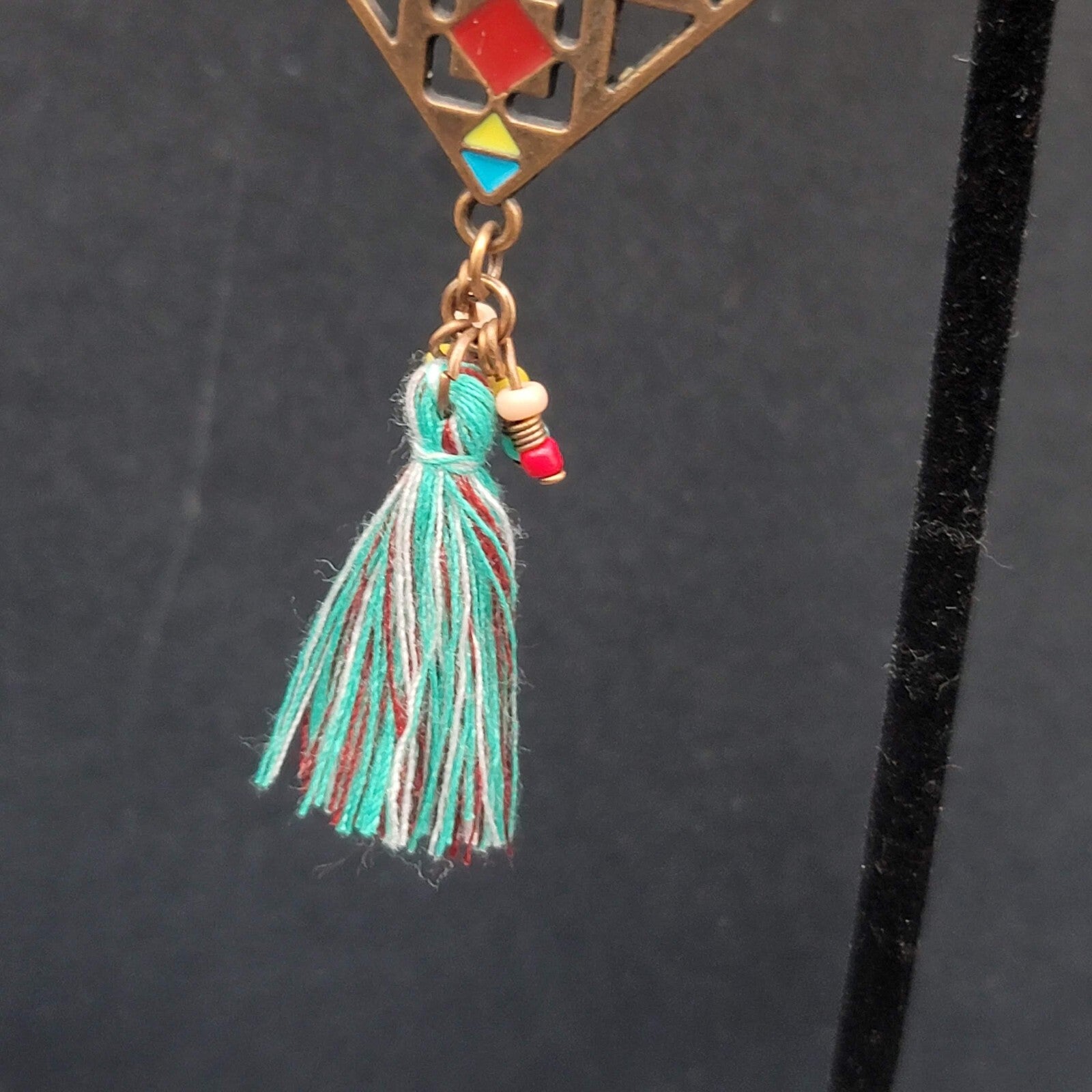 New Boho Pierced Earrings Copper tone Enamel Blue Tassel Long 3"