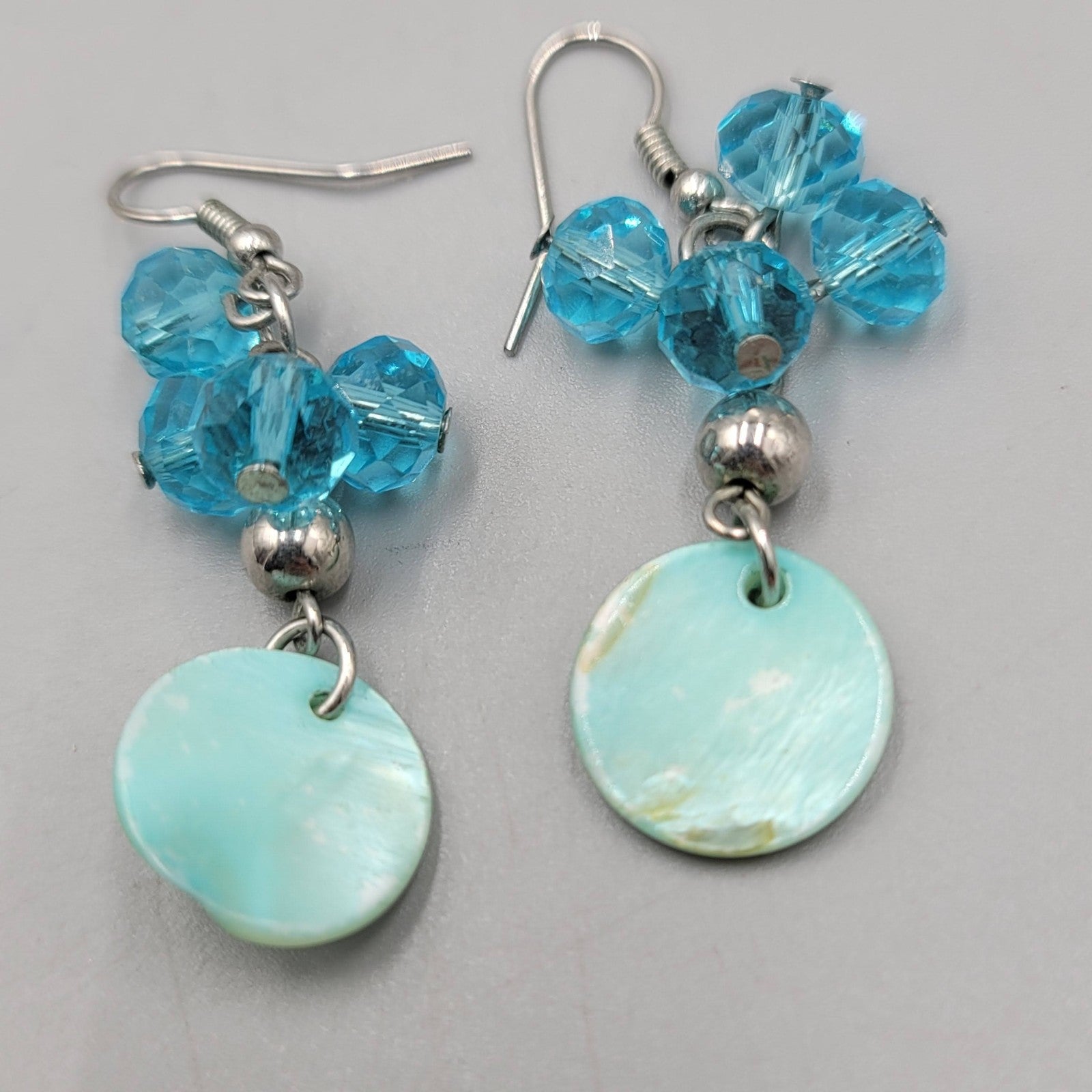 Blue Crystal Bead Dangle Pierced Earrings Silver Tone Shell Disc Drop Boho 1.25"