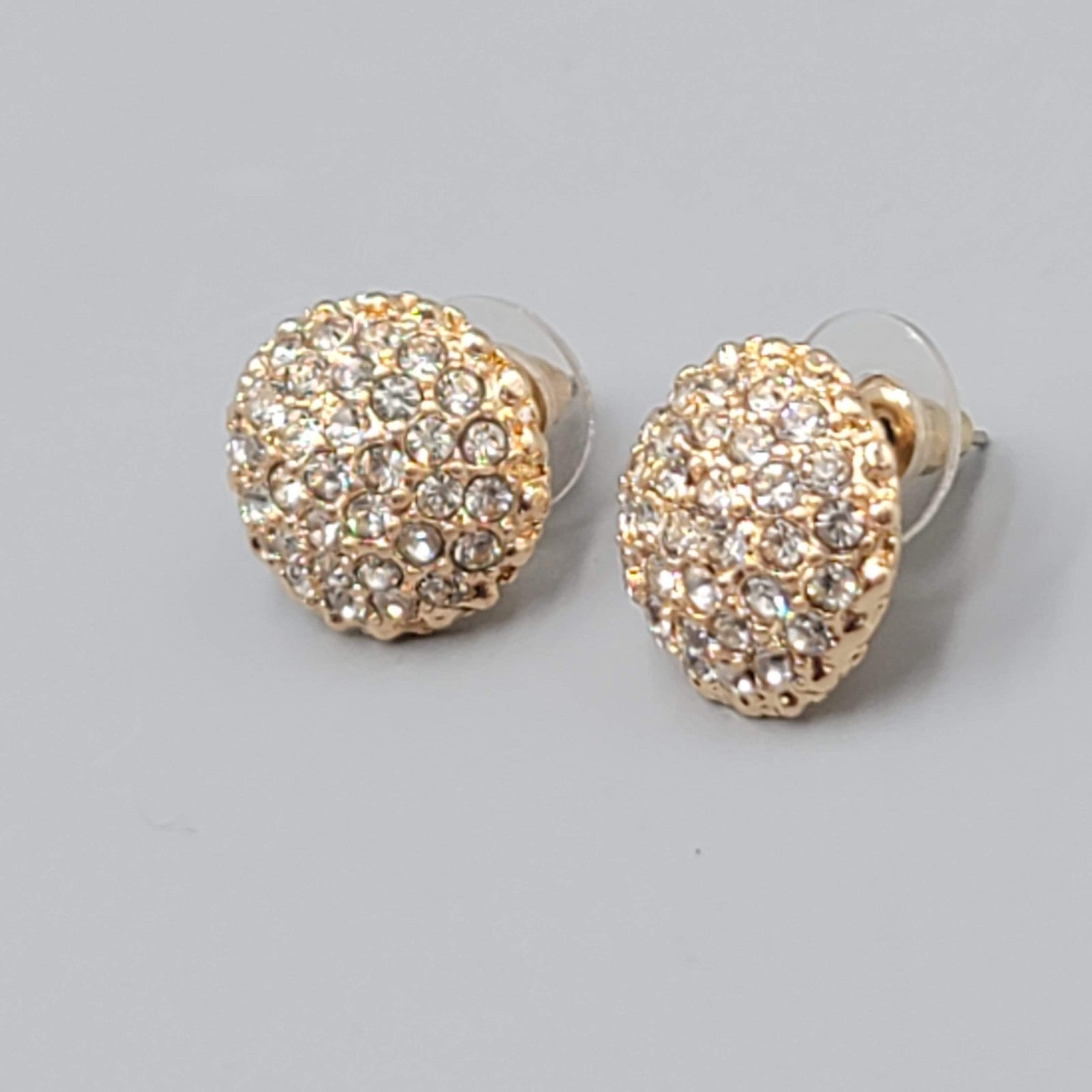Dome Pierced Earrings Gold tone Clear Rhinestone 5/8 in