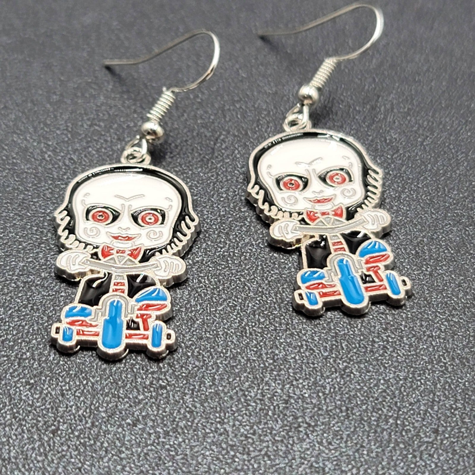 Jigsaw Pierced Earrings Enamel Silver tone SAW Horror Movie Dangle 1.25" FS