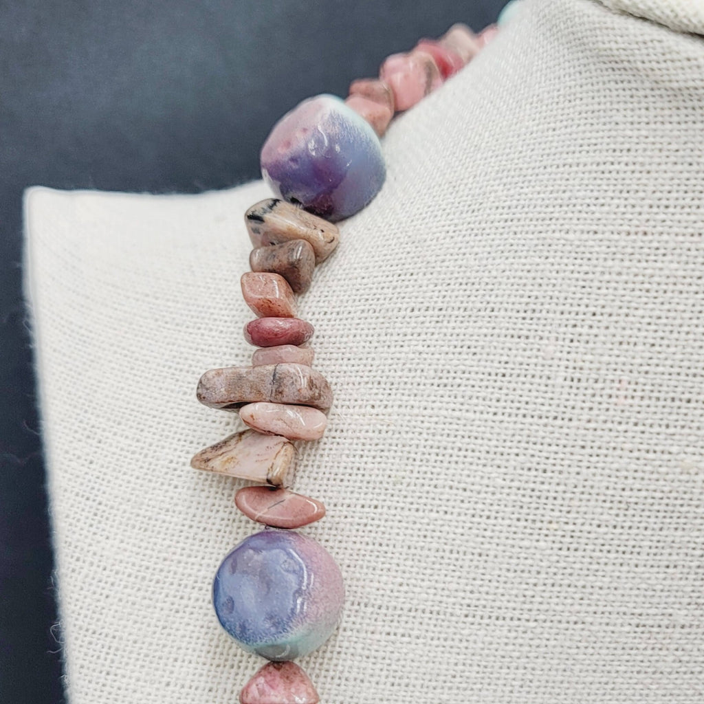 Pink Agate Stone and Pottery Art Bead Necklace 26" Barrel Clasp Artisan