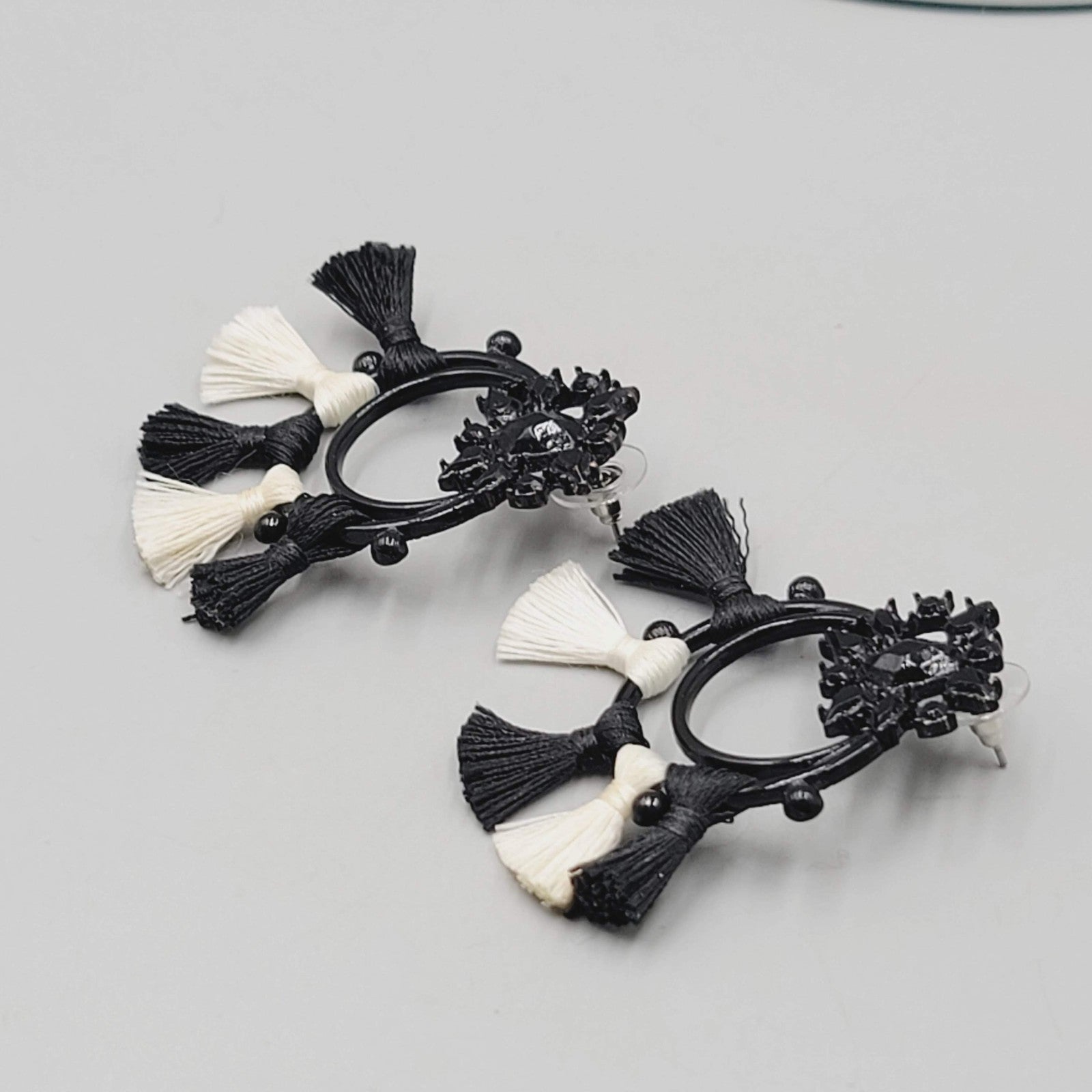 Black White Tassel Statement Pierced Earrings Boho Statement Drop Enamel 2"