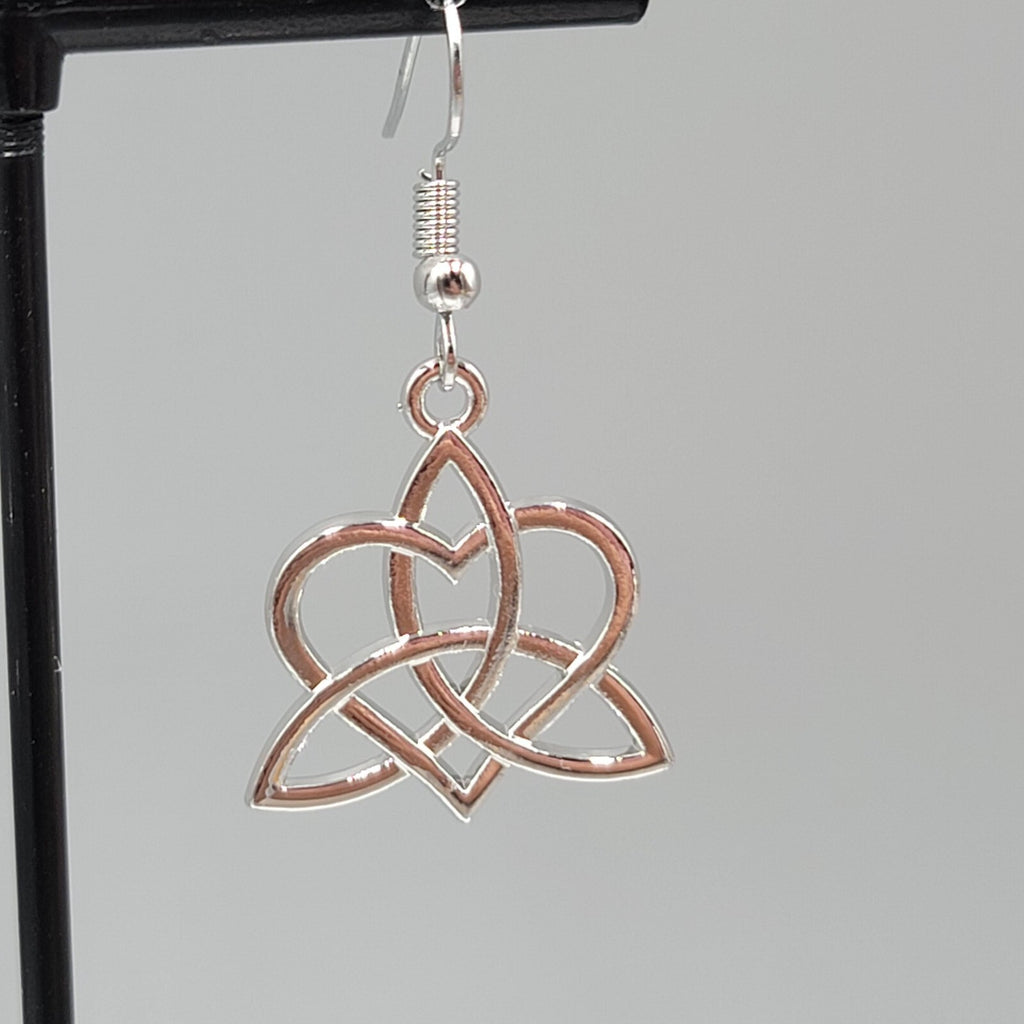 Celtic Heart Knot Pierced Earrings Silver tone Dangle 7/8"