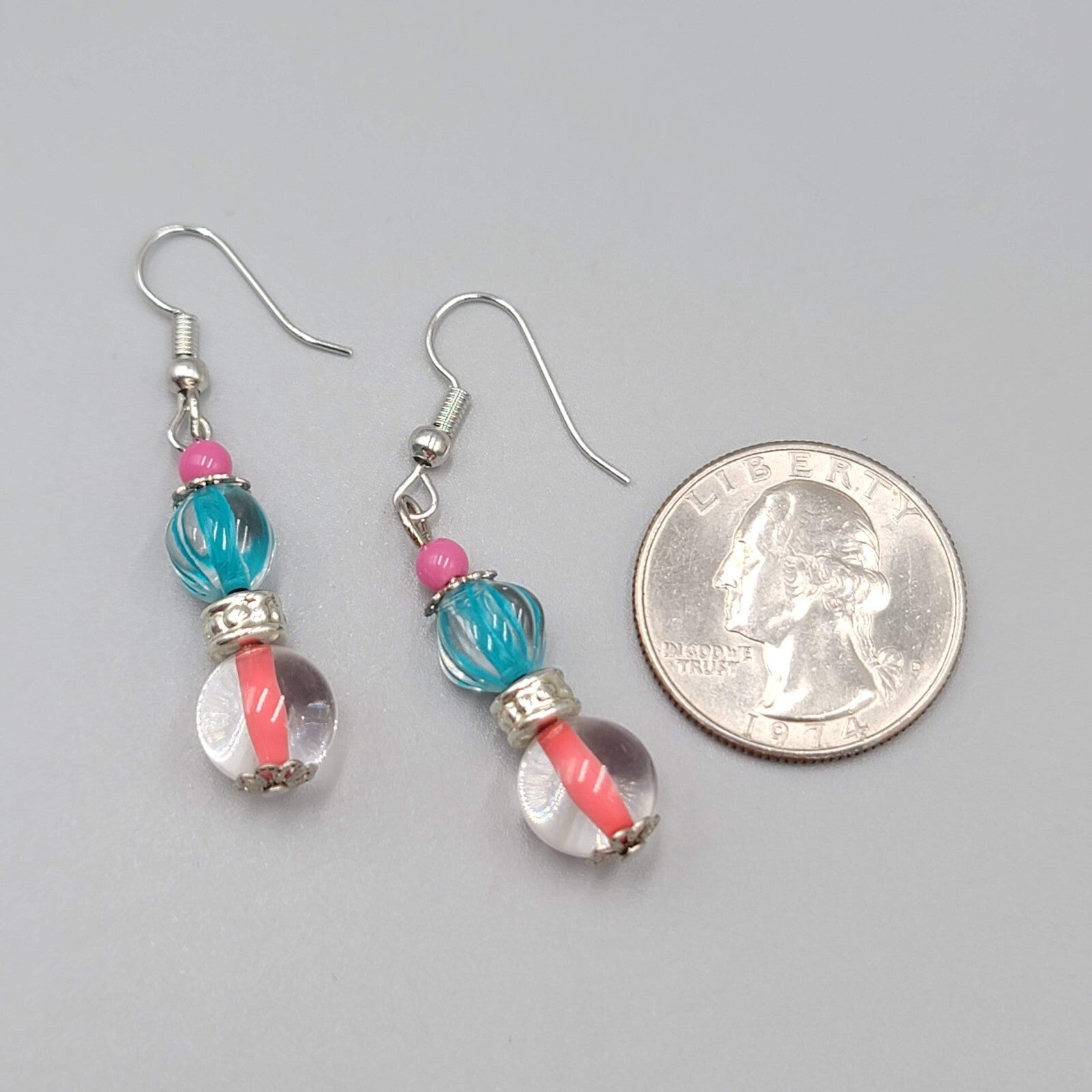 Pink Blue Glass Bead Pierced Earrings Silver tone Dangle 1.25"