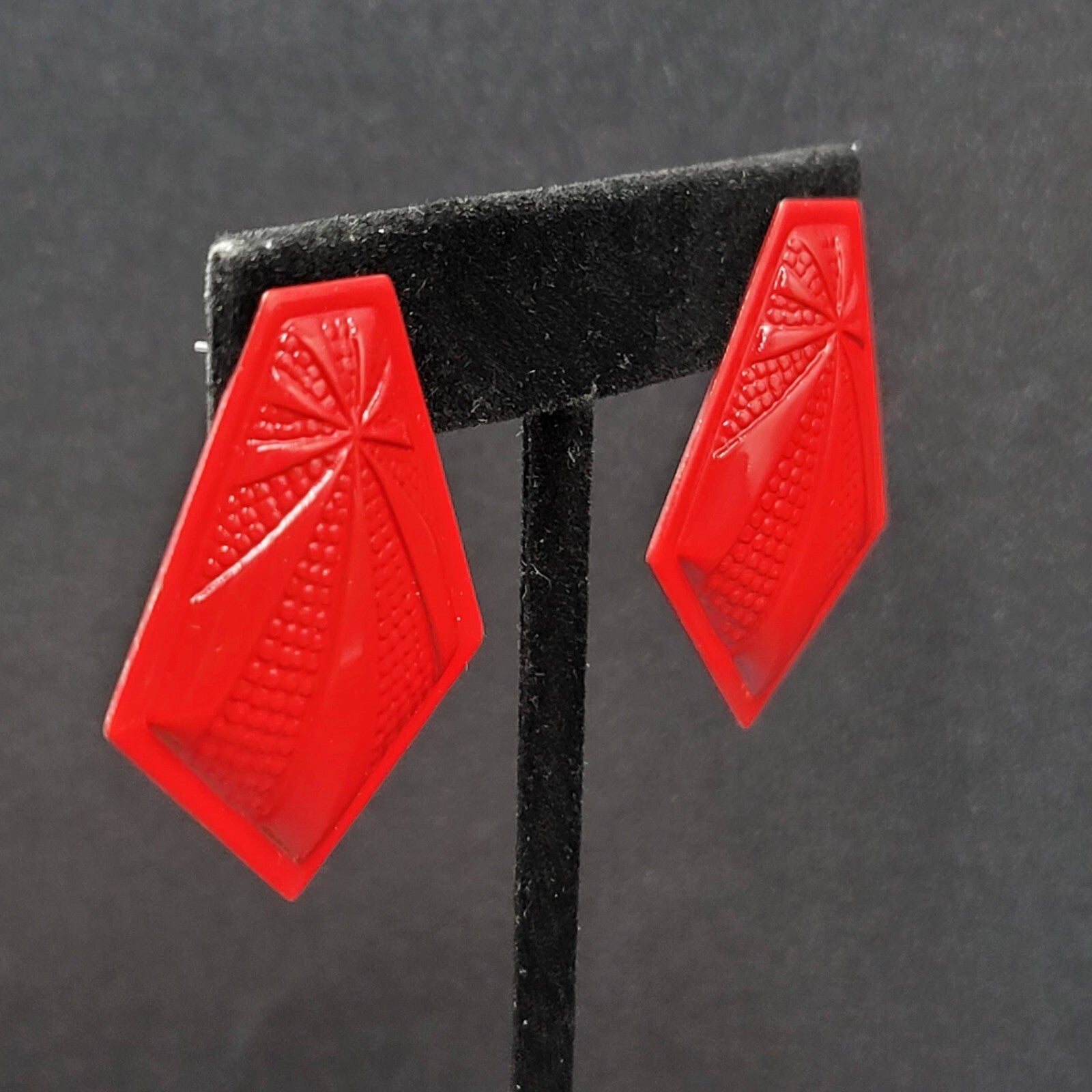 Vintage Pierced Earrings Red Embossed Enamel over Metal Drop 1.5"