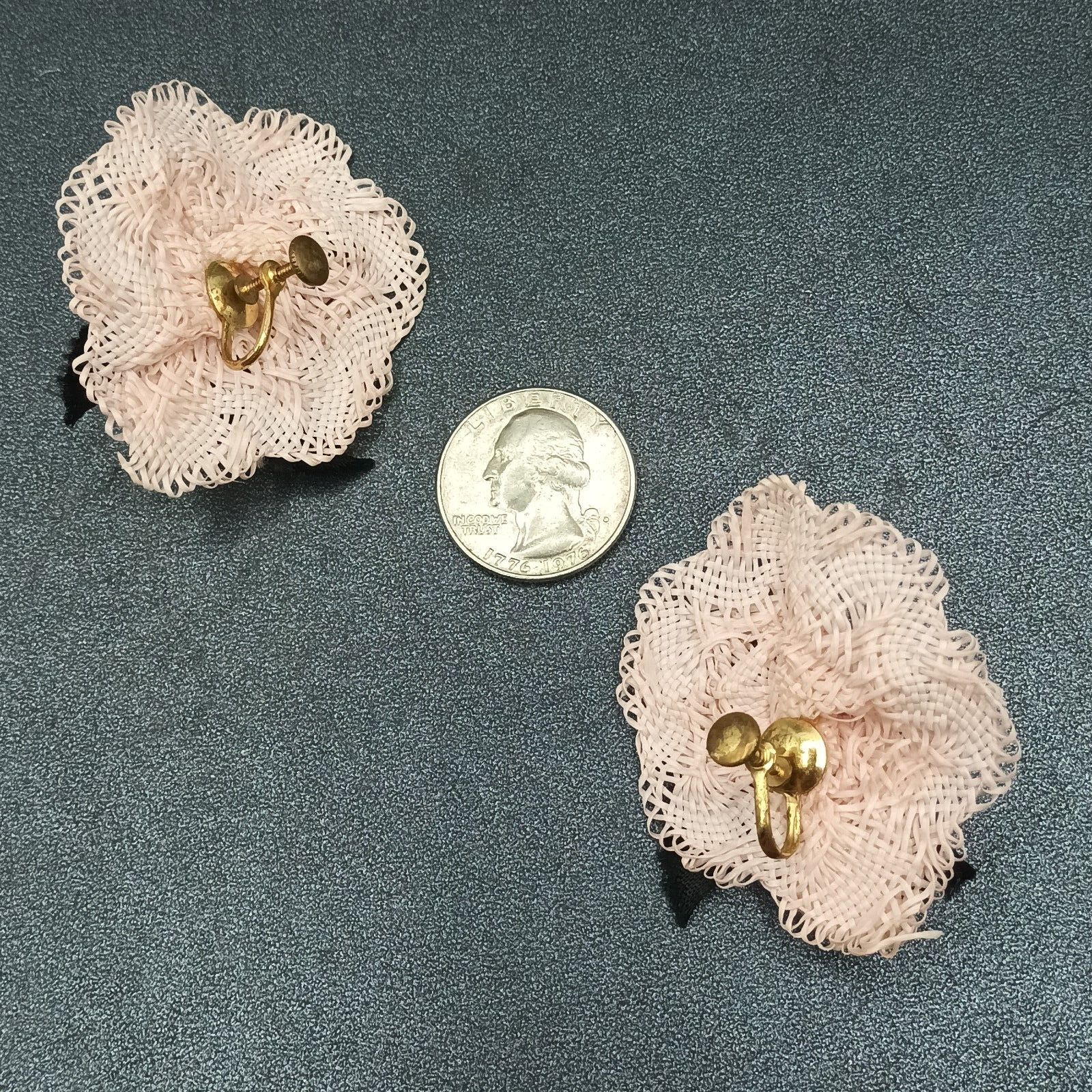 Vintage Clip on Earrings Pink Fabric Hat White Flower Statement Drop 2"