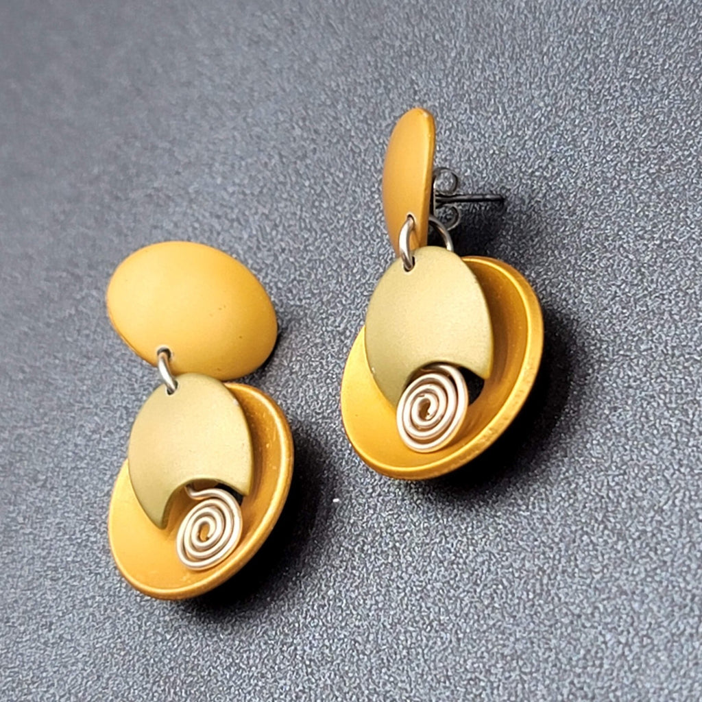 Pierced Earrings Brushed Gold tone Gold Silver Accent Modernist Dangle  1 3/8"