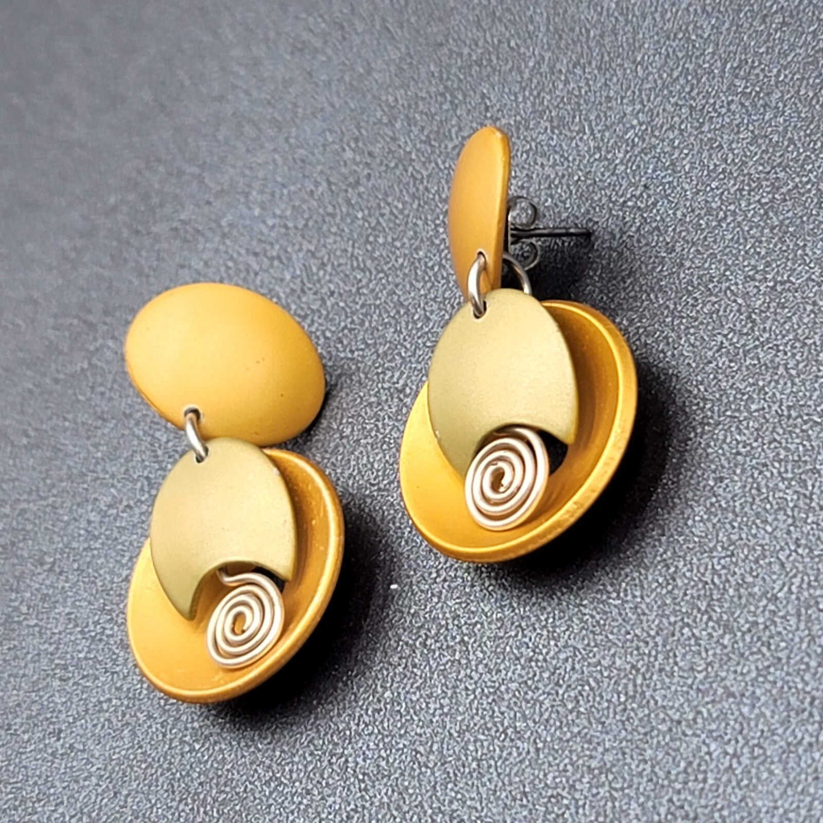 Pierced Earrings Brushed Gold tone Gold Silver Accent Modernist Dangle  1 3/8"