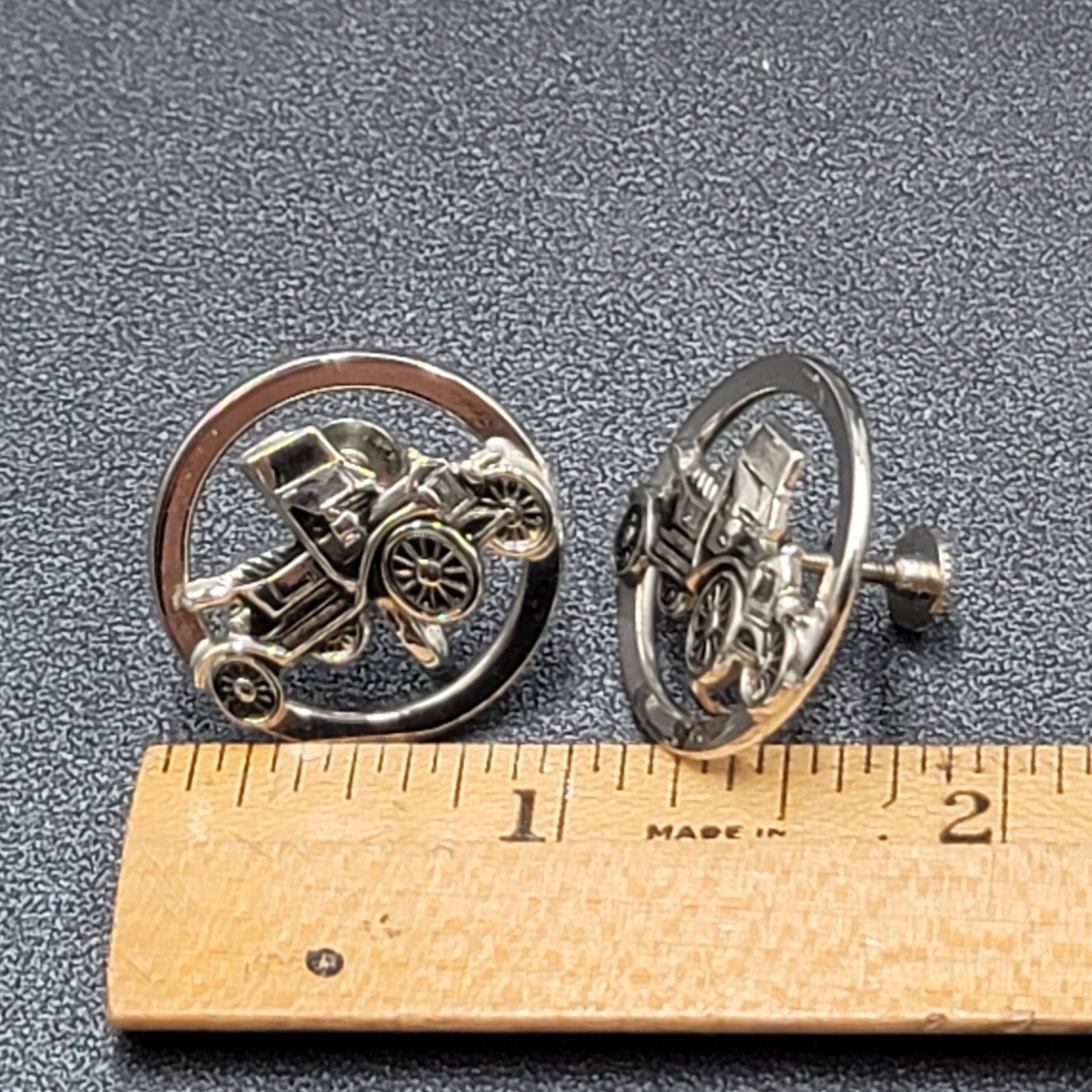 Vintage Clip on Earrings Silver tone Antique Car 3D Circle Screw Back 1"