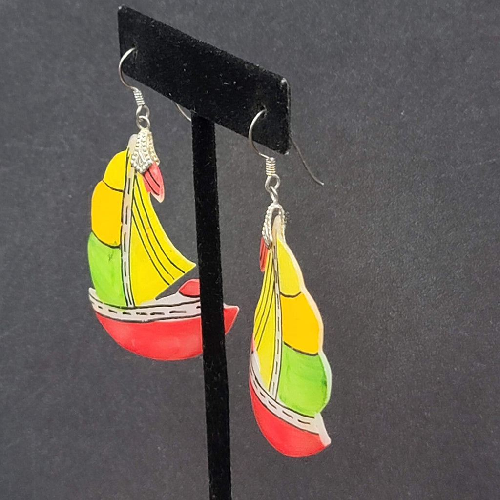 Vintage Sailboat Pierced Earrings Hand Painted Mother of Pearl Carved Shell 2"