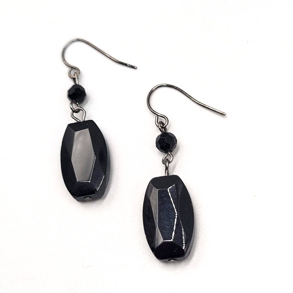 Black Glass Bead Pierced Earrings 1Black Metal Dangle 1.25"
