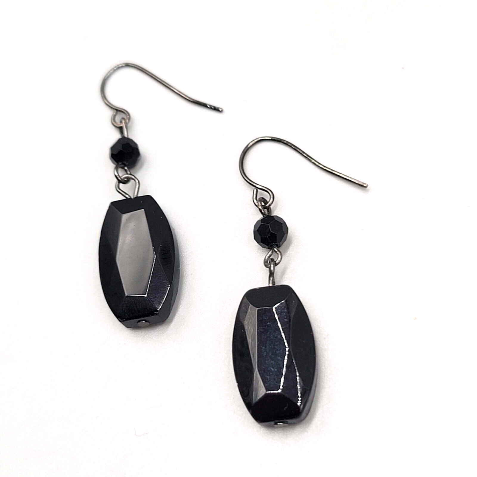 Black Glass Bead Pierced Earrings 1Black Metal Dangle 1.25"