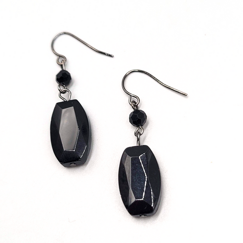 Black Glass Bead Pierced Earrings 1Black Metal Dangle 1.25"
