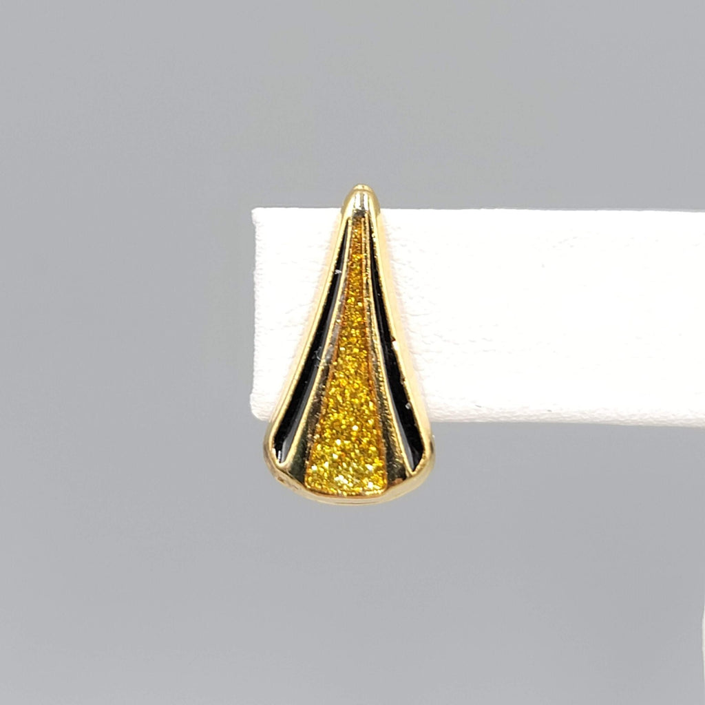Vintage Clip on Earrings Glitter Gold tone Black Enamel Drop 3/4"