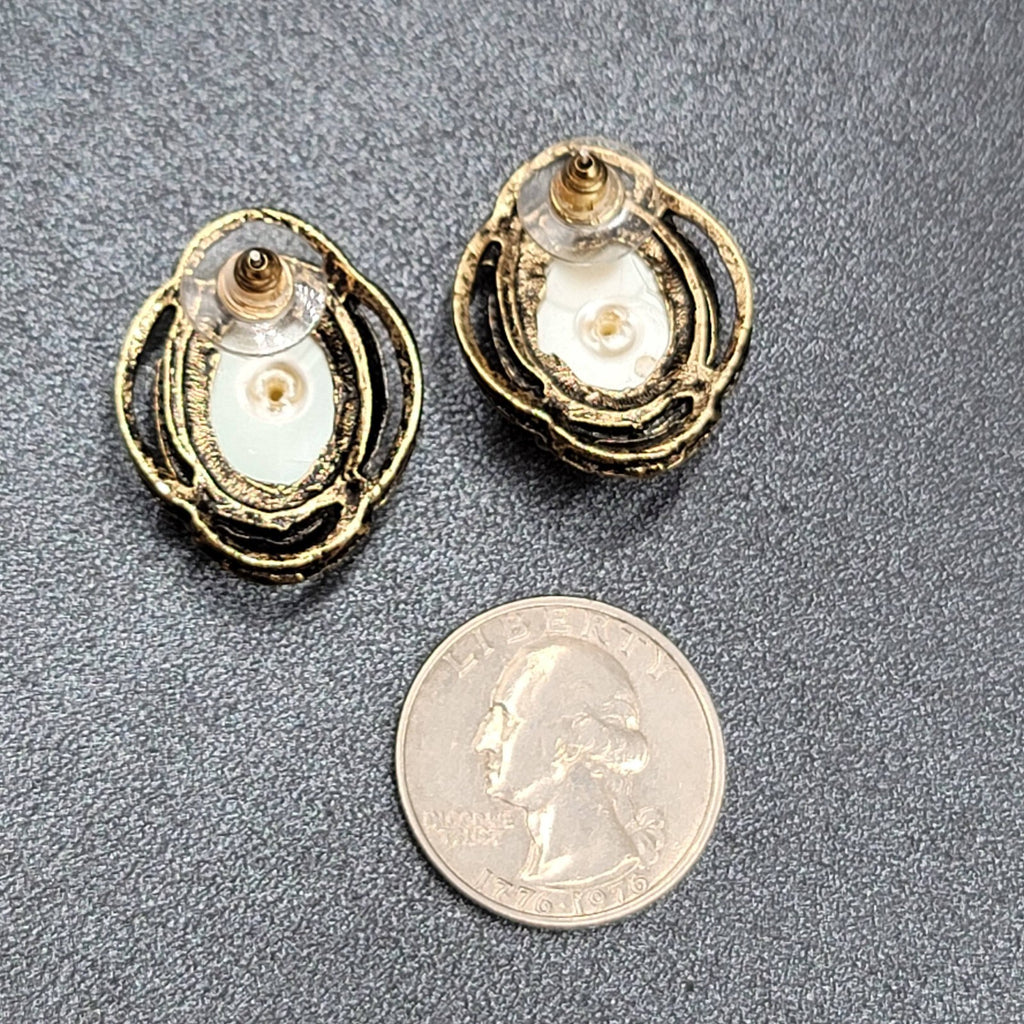 Vintage Pierced Earrings Gold tone White Cabochon Oval Drop 1"