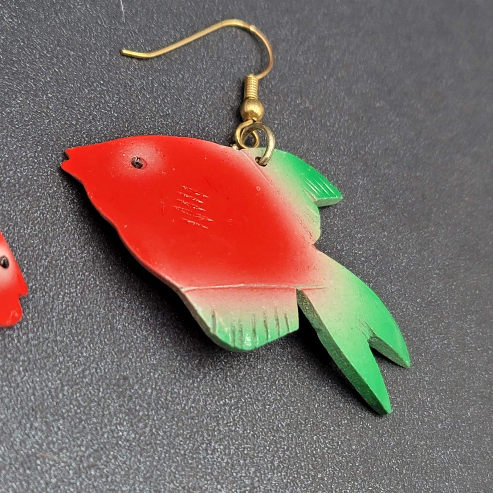 Vintage Pierced Earrings Coconut Shell Carved Fish Painted 2"