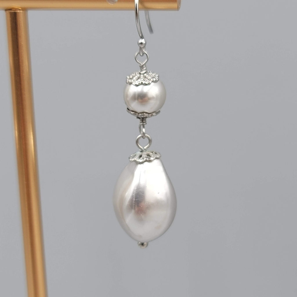 Satin Silver tone Filigree Cap Bead Pierced Earrings Dangle 1.5 in